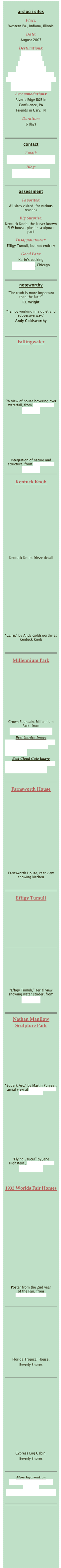 
arslocii sites
Place: 
Western Pa., Indiana, Illinois
Date:
August 2007
Destinations: 
Fallingwater
Kentuck Knob
Millennium Park
Farnsworth House
Buffalo Rock “Effigy Tumuli”
Nathan Manilow Sculpture Park
1933 World’s Fair HomesAccommodations: 
River’s Edge B&B in
Confluence, PA
Friends in Gary, INDuration: 
6 days￼
contactEmail: 
info@probascohauspress.comBlog: 
arslocii.wordpress.com

￼
assessment
Favorites: 
All sites visited, for various reasonsBig Surprise: 
Kentuck Knob, the lesser known FLW house, plus its sculpture parkDisappointment: 
Effigy Tumuli, but not entirelyGood Eats: 
Karin’s cooking
Chicago Diner, Chicago

￼
noteworthy
"The truth is more important than the facts"
F.L Wright

“I enjoy working in a quiet and subversive way.”
Andy Goldsworthy

￼
Fallingwater







SW view of house hovering over waterfall, from www.wright-house.com 






Integration of nature and structure, from www.wright-house.com
￼
Kentuck Knob

















Kentuck Knob, frieze detail













“Cairn,” by Andy Goldsworthy at Kentuck Knob

￼
Millennium Park









Crown Fountain, Millennium Park, from www.millenniumpark.org/
Best Garden Image
http://www.flickr.com/photos/chicagoceli/24820252/in/photostream/ 
Best Cloud Gate Image
http://www.flickr.com/photos/baron_indy/3008062652/

￼
Farnsworth House
















Farnsworth House, rear view showing kitchen

￼
Effigy Tumuli








￼








“Effigy Tumuli,” aerial view showing water strider, from illinois.com

￼
Nathan Manilow Sculpture Park











“Bodark Arc,” by Martin Puryear, aerial view at Nathan Manilow Sculpture Park











“Flying Saucer” by Jene Highstein , Nathan Manilow Sculpture Park

￼
1933 Worlds Fair Homes

















Poster from the 2nd year 
of the Fair, from users.marshall.edu 

￼










Florida Tropical House,
Beverly Shores

￼














Cypress Log Cabin,
Beverly Shores

￼
More Information
http://users.marshall.edu/~brooks/1933_Chicago_World_Fair.htm

￼
                   
         







